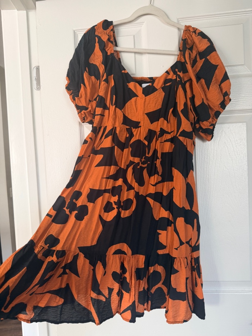 Nine West Black and Orange Floral Puff-Sleeve Mini Dress